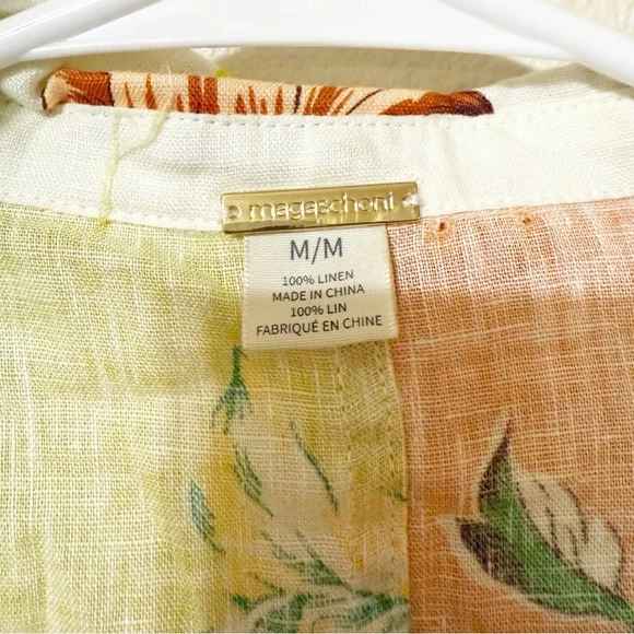 Magaschoni Linen Colorblock Tropical Print Button Up Short Sleeve Blouse Medium - Picture 5 of 5